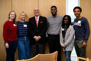 Fuad with the 2019-2020 Interfaith Scholars: Abbey Garofalo ’21, Ava Fojtik ’20, Oluwatofunmi Oteju ’21, Abdikhaliq Sahal ’20 and Isaac Tade ’21